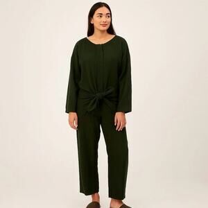 BLACK CRANE Tie Front Forest Green Cotton Gauze Long Sleeve Jumpsuit US SMALL